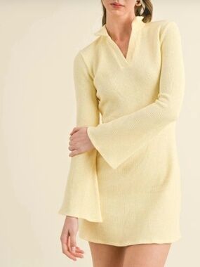 Kimberly C Waffle Knit Collared Bell Sleeve Bright Yellow Dress Yellow